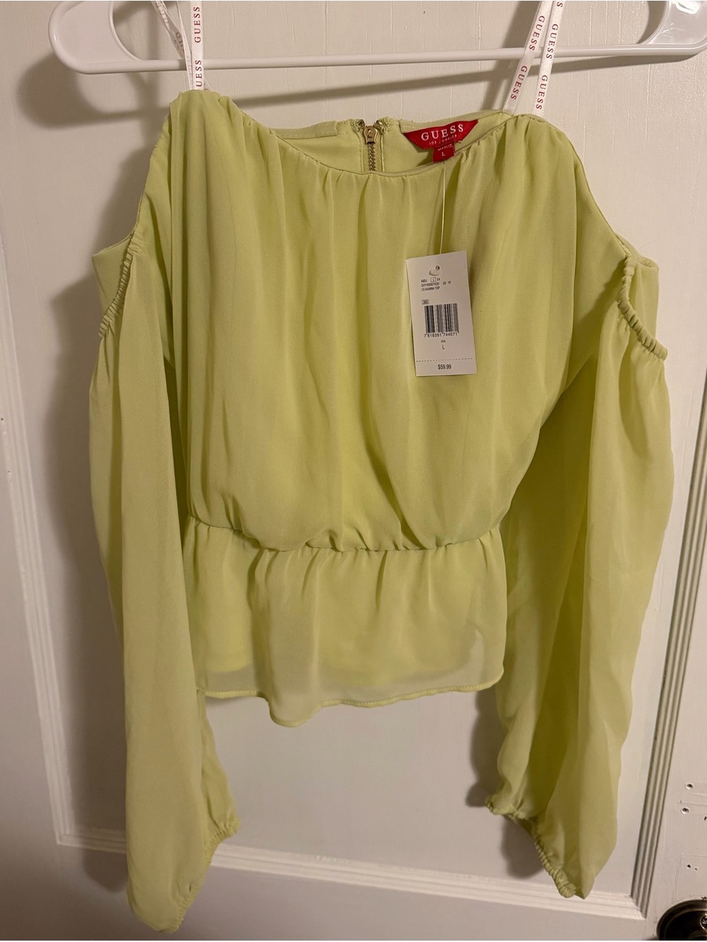 GUESS Pale Lime Cold-Shoulder Chiffon Blouse